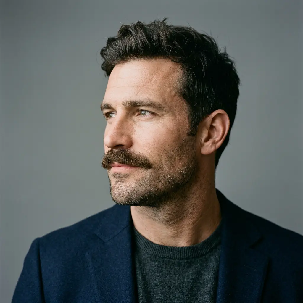 Portrait homme profil beardstache moustache définie fond neutre