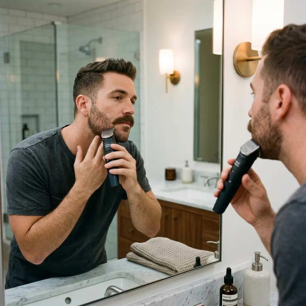 Homme taillant sa barbe courte avec une tondeuse de précision