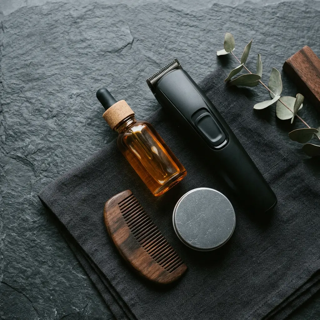 Produits de soin barbe et moustache sur ardoise sombre