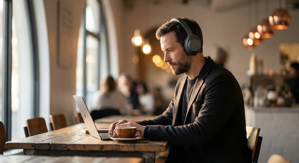 Homme casque audio concentré dans un café moderne