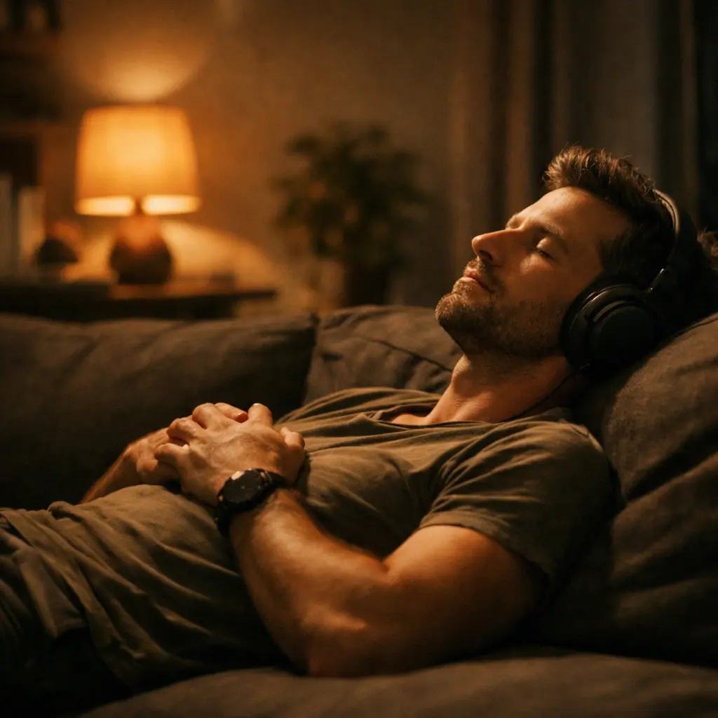 Homme allongé casque yeux fermés décompression salon sombre