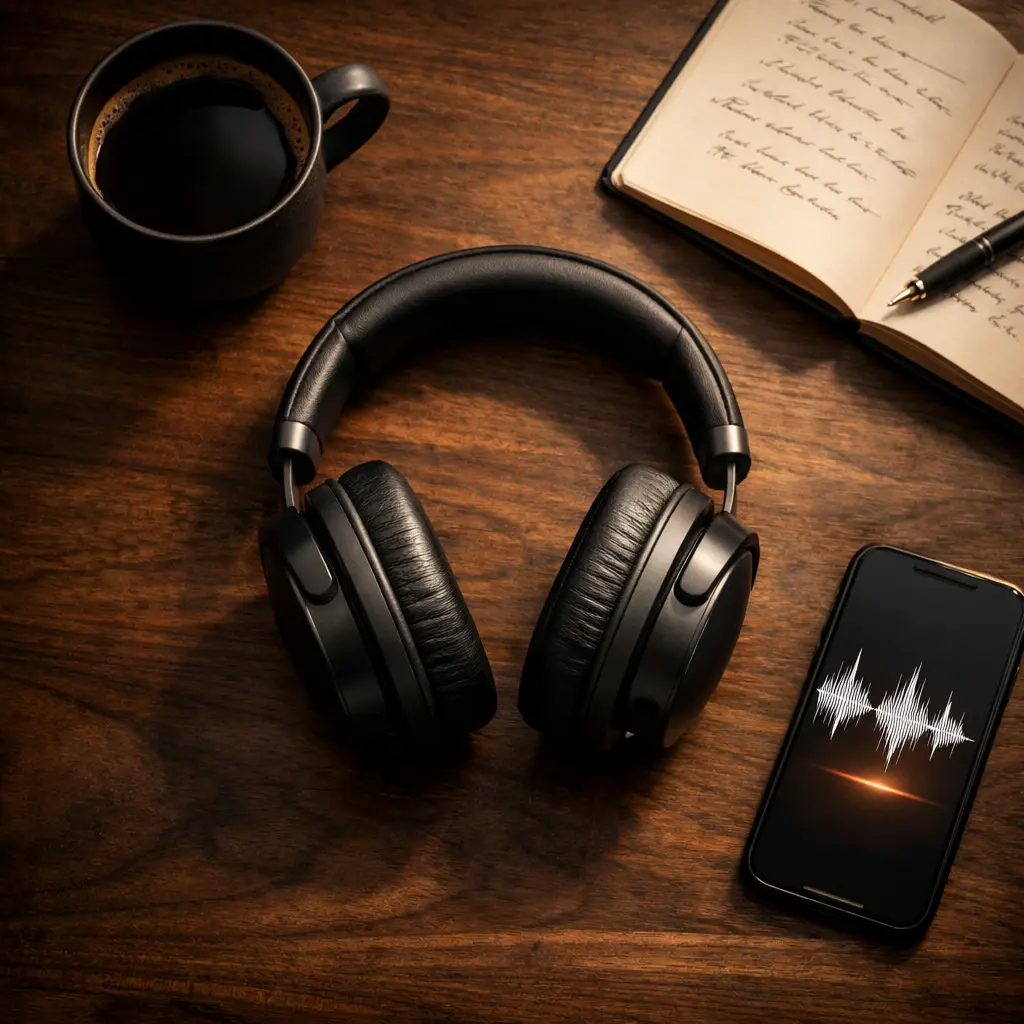 Casque audio café carnet sur bureau bois sombre