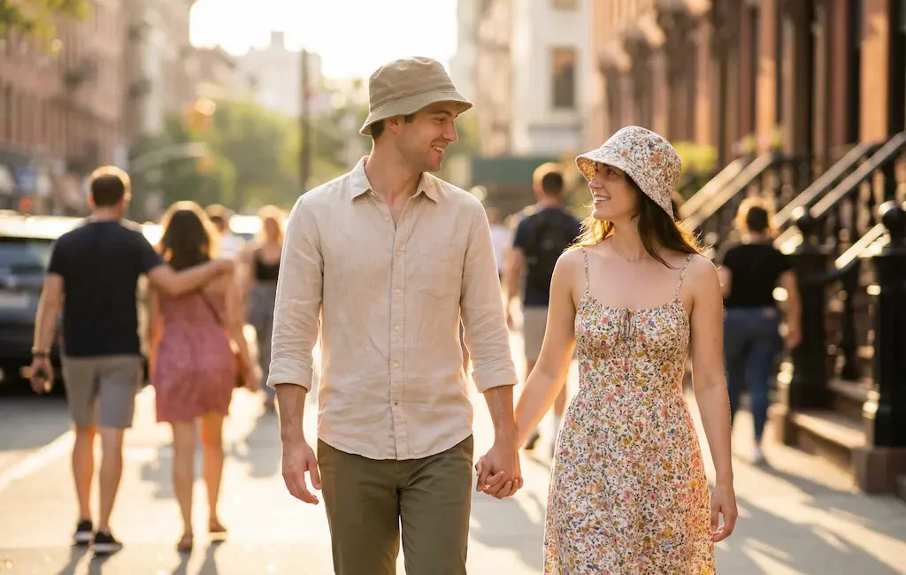 Couple stylé portant des bobs en balade urbaine