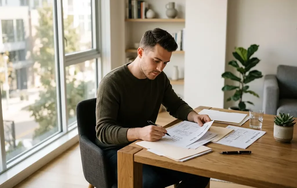 Homme consultant des documents d'assurance dans son appartement moderne