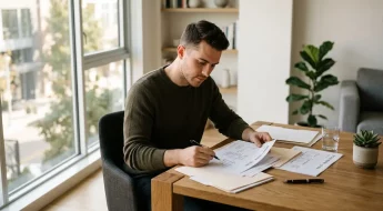 Homme consultant des documents d'assurance dans son appartement moderne