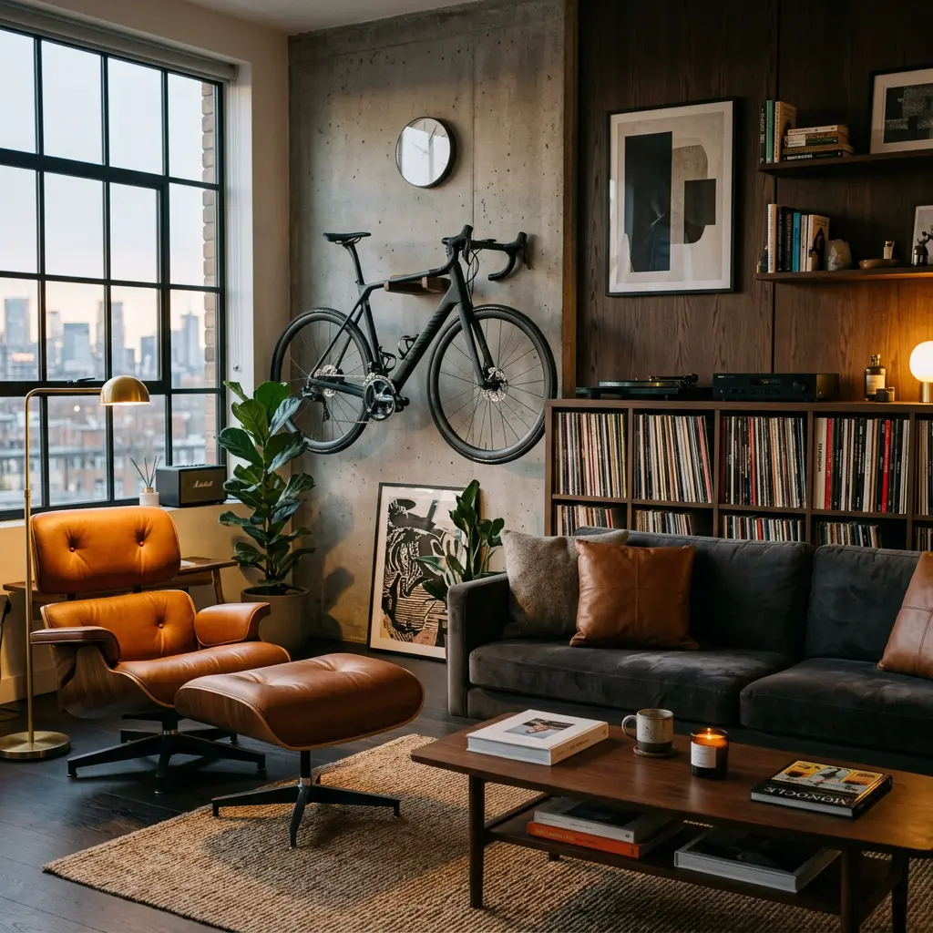 Salon moderne avec vélo et objets de valeur à assurer