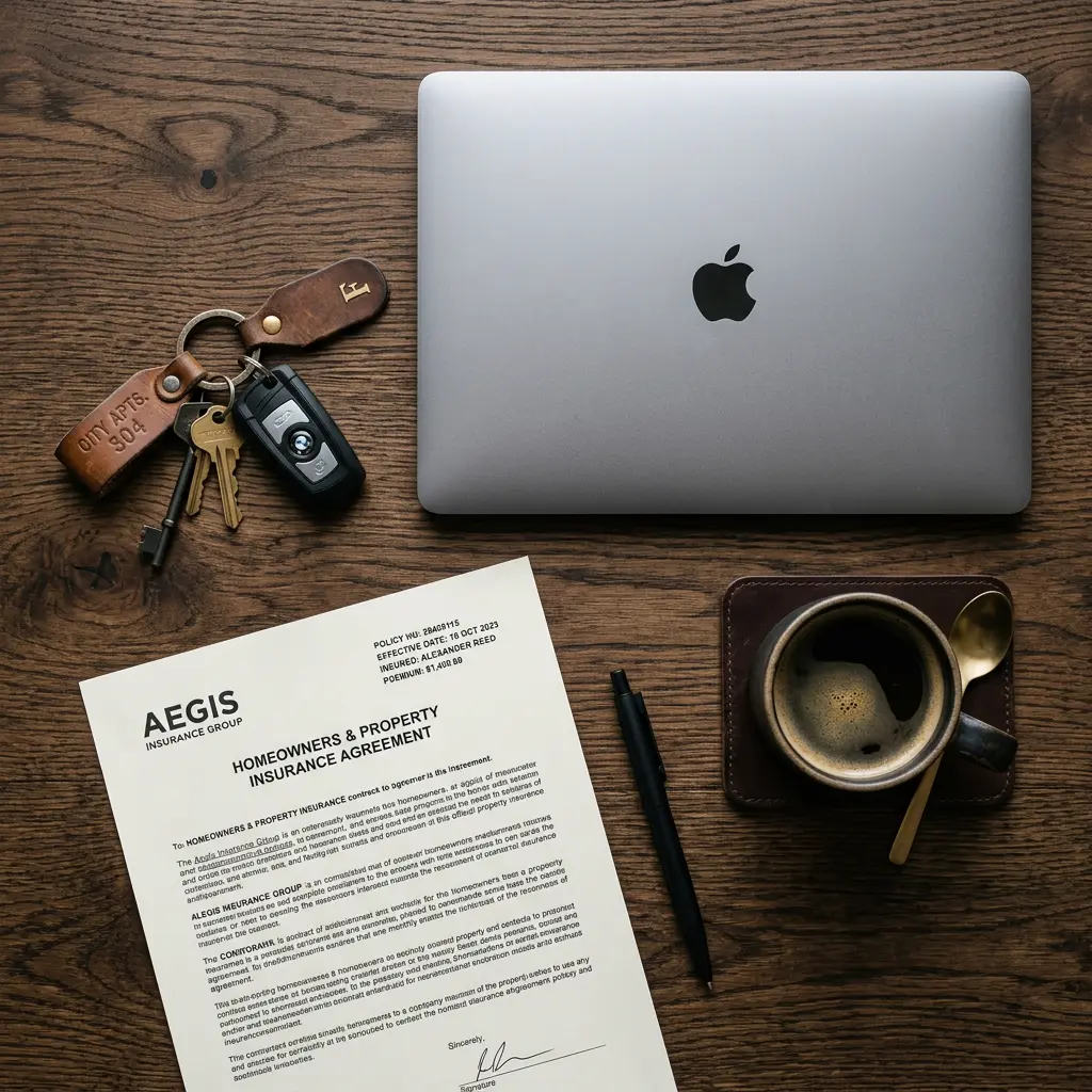 Clés d'appartement et contrat d'assurance sur un bureau masculin