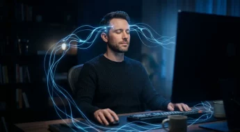 Homme concentré avec réseaux neuronaux lumineux au bureau