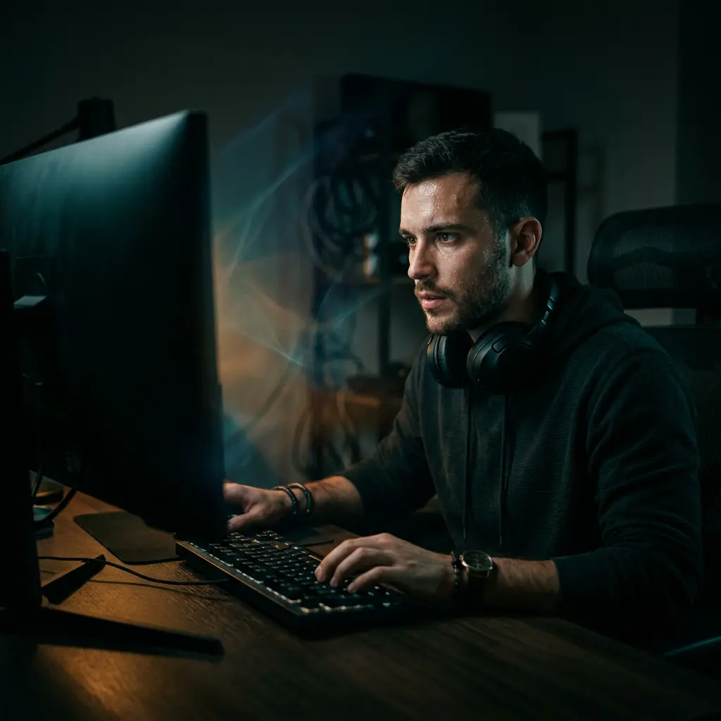 Gamer en concentration intense éclairé par son écran