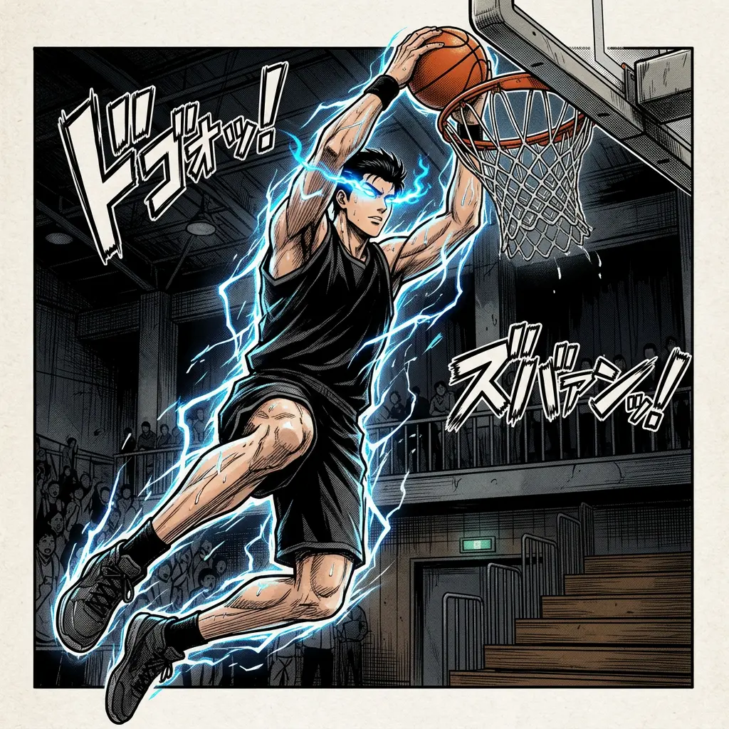 Basketteur manga en plein dunk dans la zone