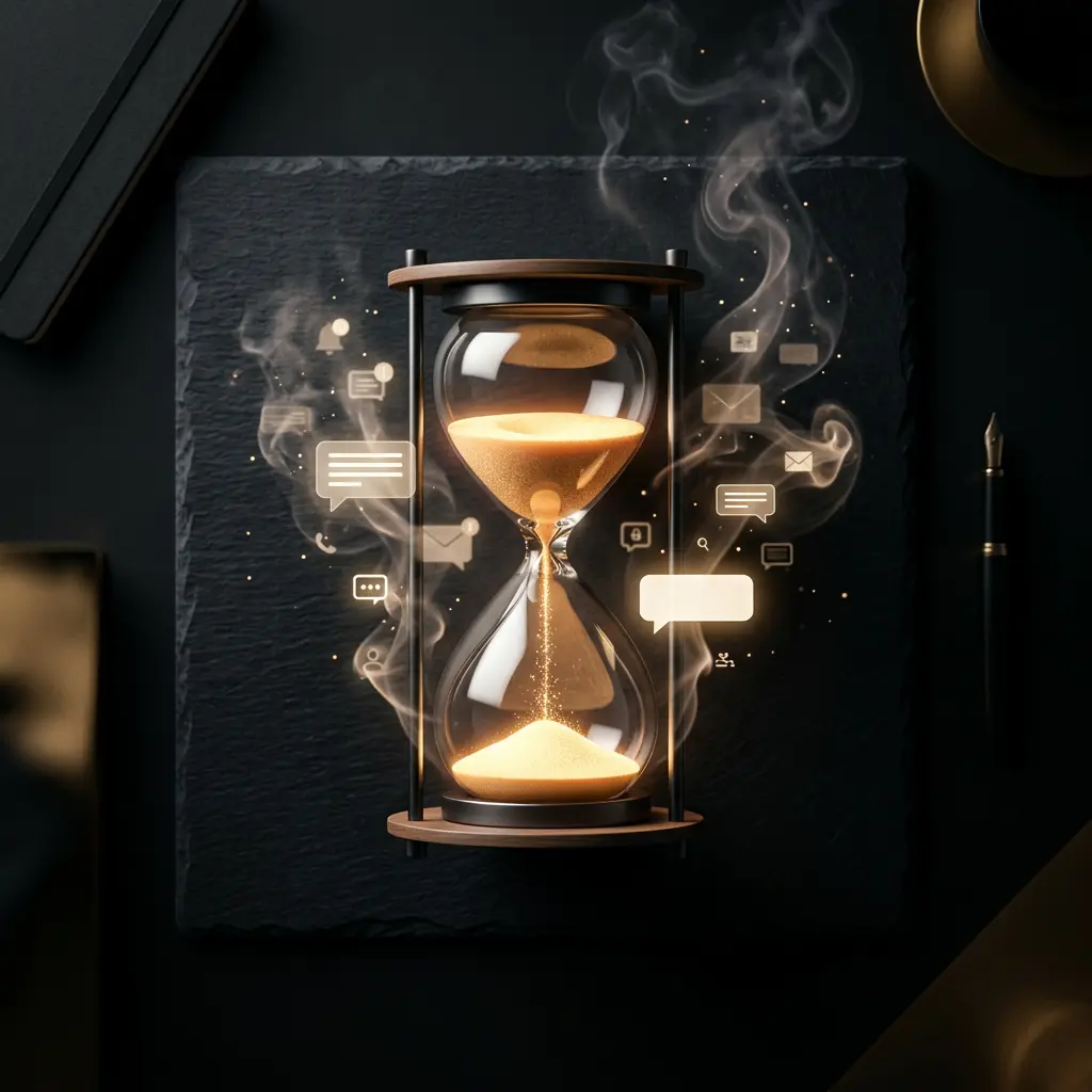 Sablier doré sur bureau sombre avec notifications flottantes