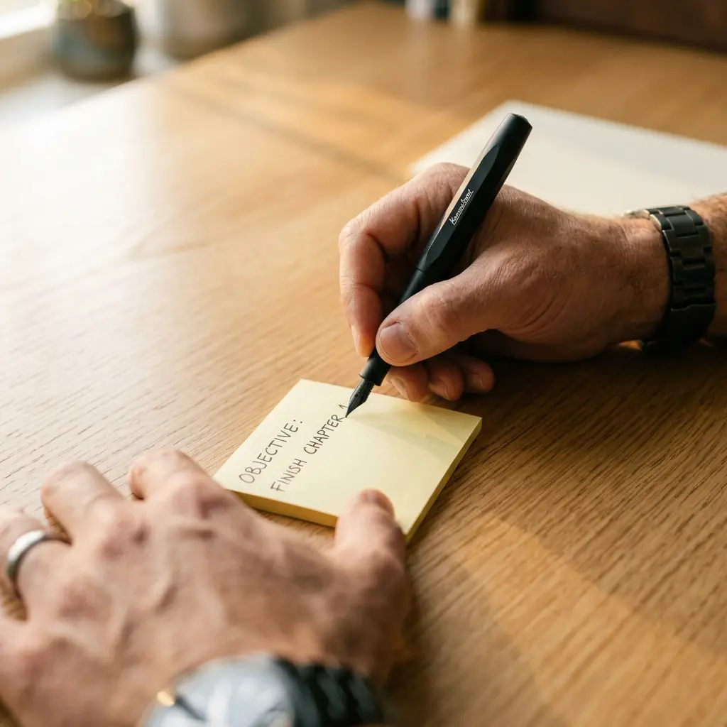 Main écrivant un objectif sur post-it au bureau