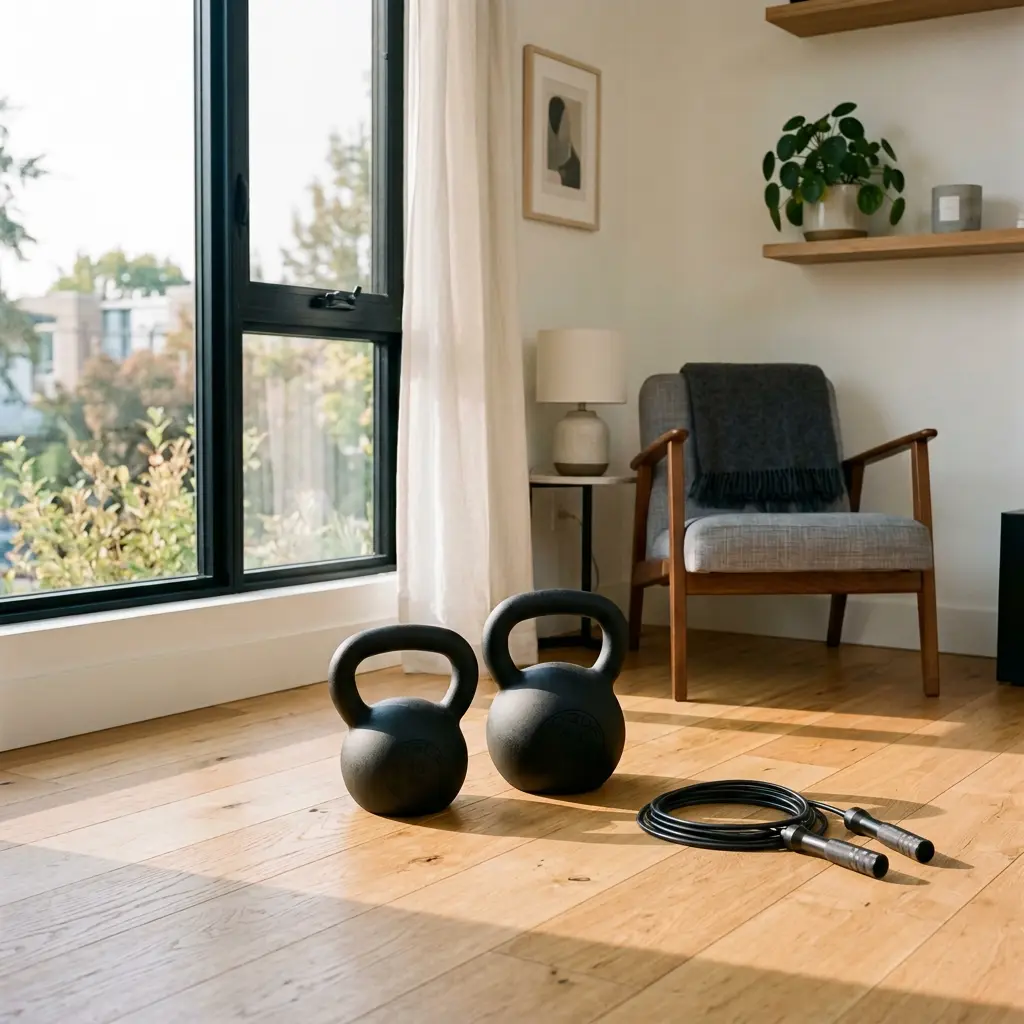 Kettlebells et corde à sauter dans un salon moderne