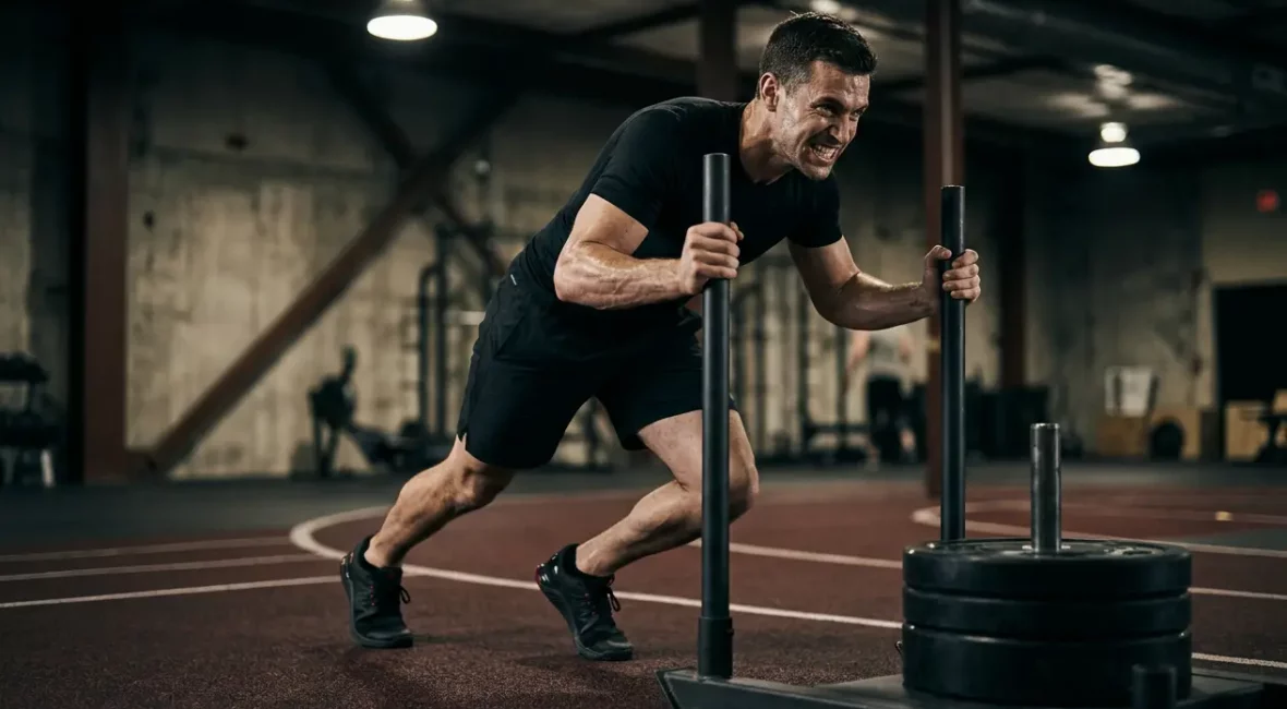 Homme musclé poussant un traîneau lourd en salle de sport
