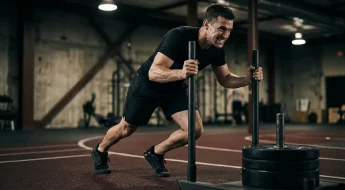 Homme musclé poussant un traîneau lourd en salle de sport