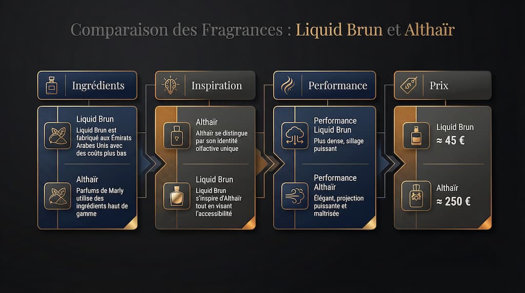 Infographie comparant Liquid Brun French Avenue et Althaïr Parfums de Marly : prix, notes, tenue et ressemblance