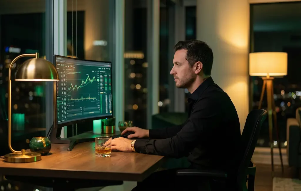 Homme élégant analysant des cryptos dans un penthouse nocturne
