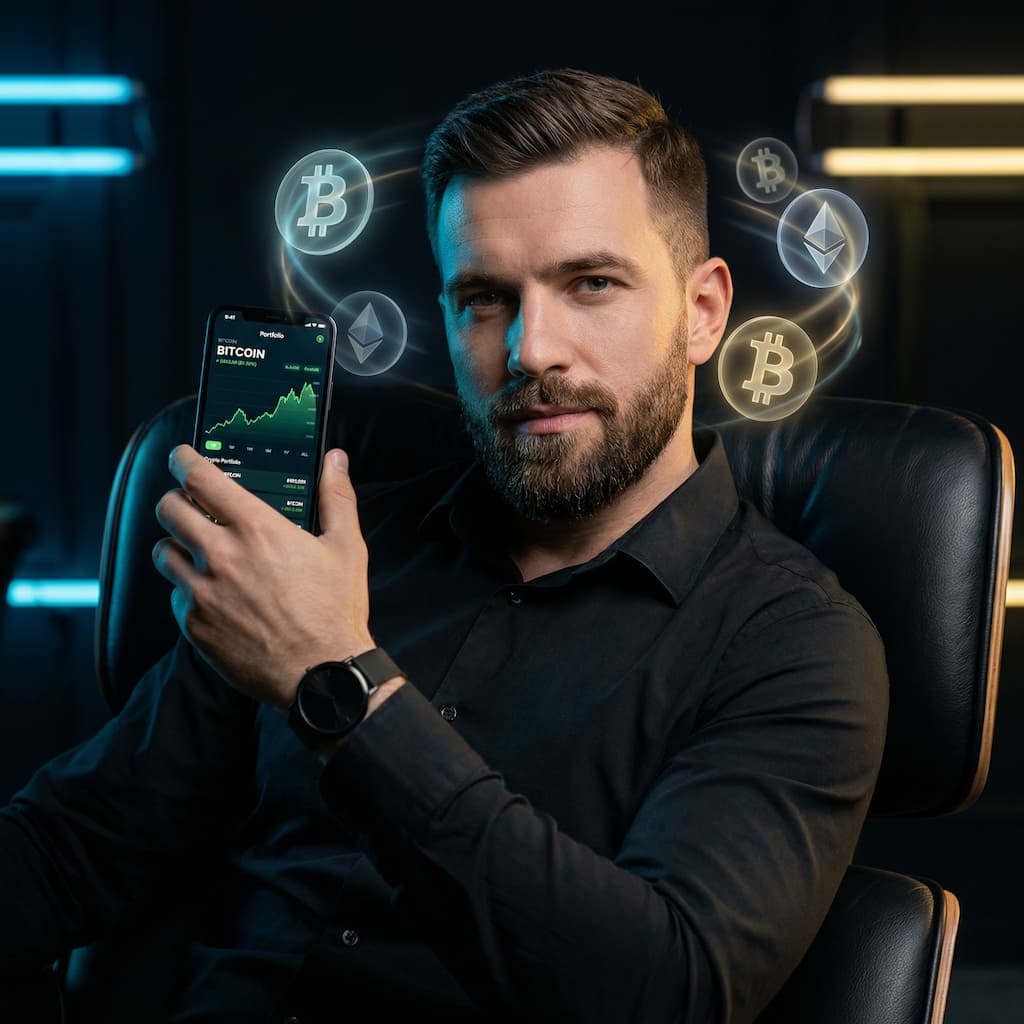 Homme confiant consultant son portfolio Bitcoin sur smartphone