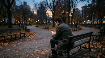 Homme seul sur un banc regardant son téléphone au crépuscule