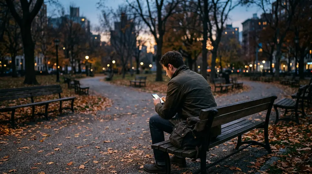 Homme seul sur un banc regardant son téléphone au crépuscule
