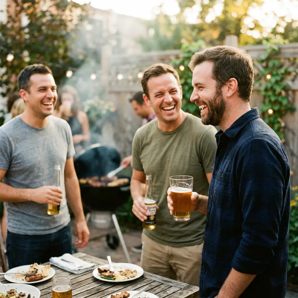Trois amis riant ensemble autour d'un barbecue en ville