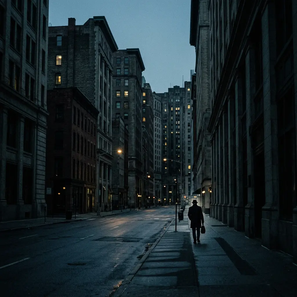 Homme marchant seul dans une rue vide au crépuscule