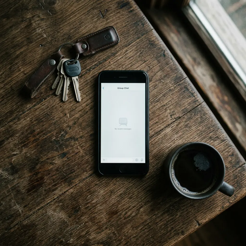 Téléphone posé sur une table, conversation de groupe silencieuse