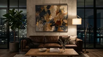Salon masculin premium avec grande œuvre d'art contemporain