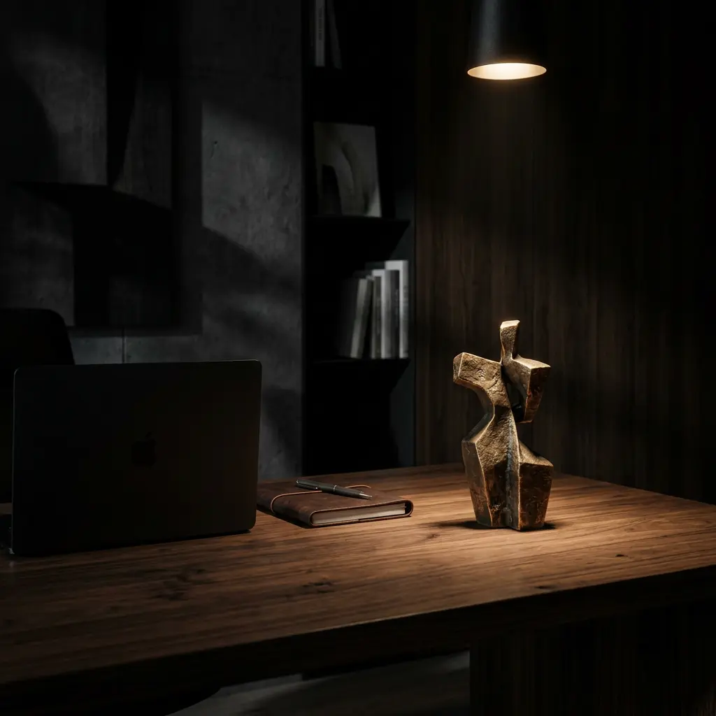 Bureau design masculin avec sculpture contemporaine sur bureau