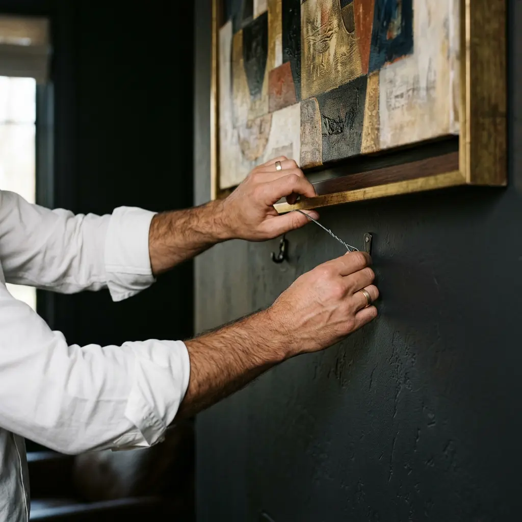 Homme accrochant une œuvre d'art contemporain chez lui