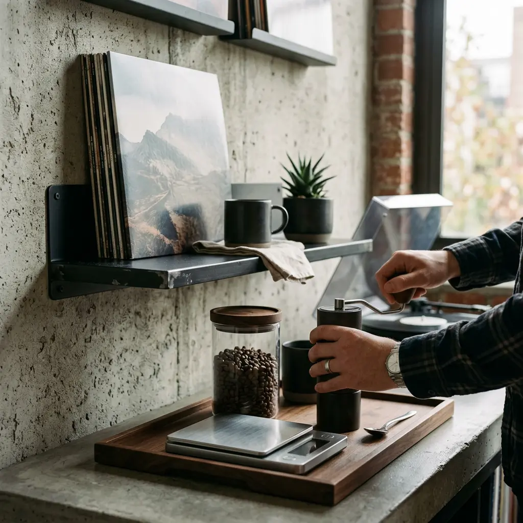 Coin café masculin avec matières sombres et lumière douce