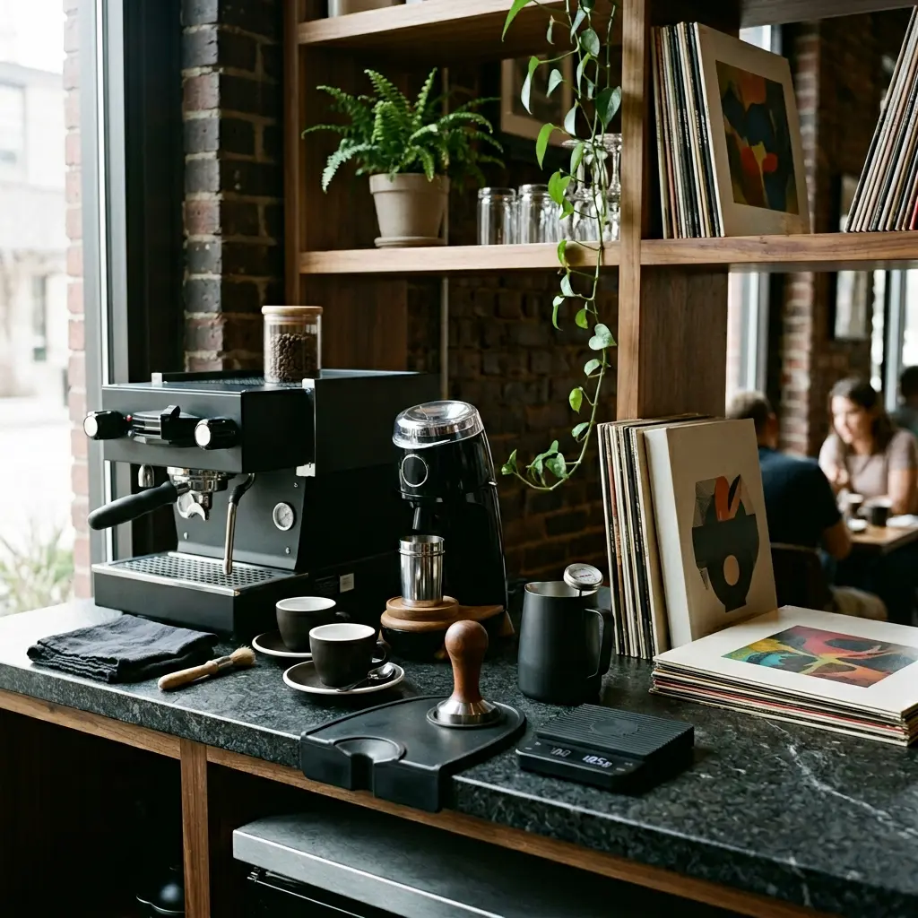 Station café organisée dans un intérieur masculin premium