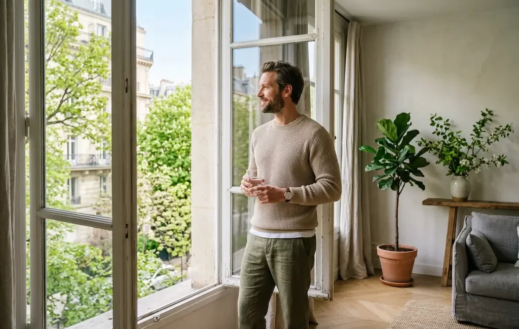 Homme près d’une fenêtre, verre d’eau, matin de printemps