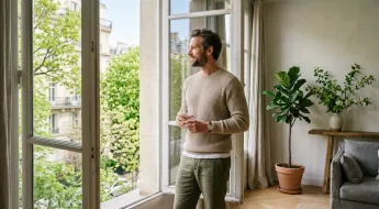Homme près d’une fenêtre, verre d’eau, matin de printemps