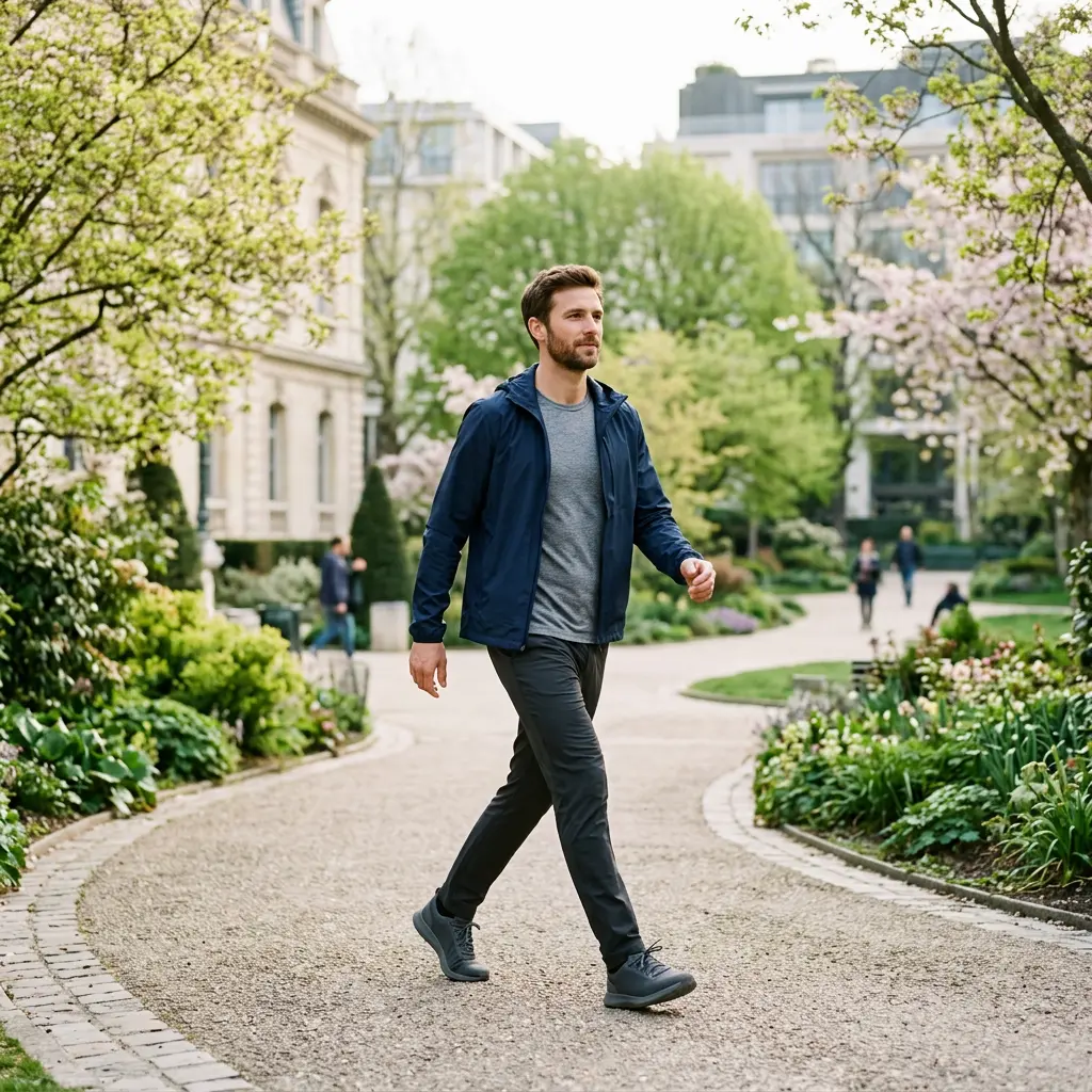 Homme en marche rapide dans un parc printanier