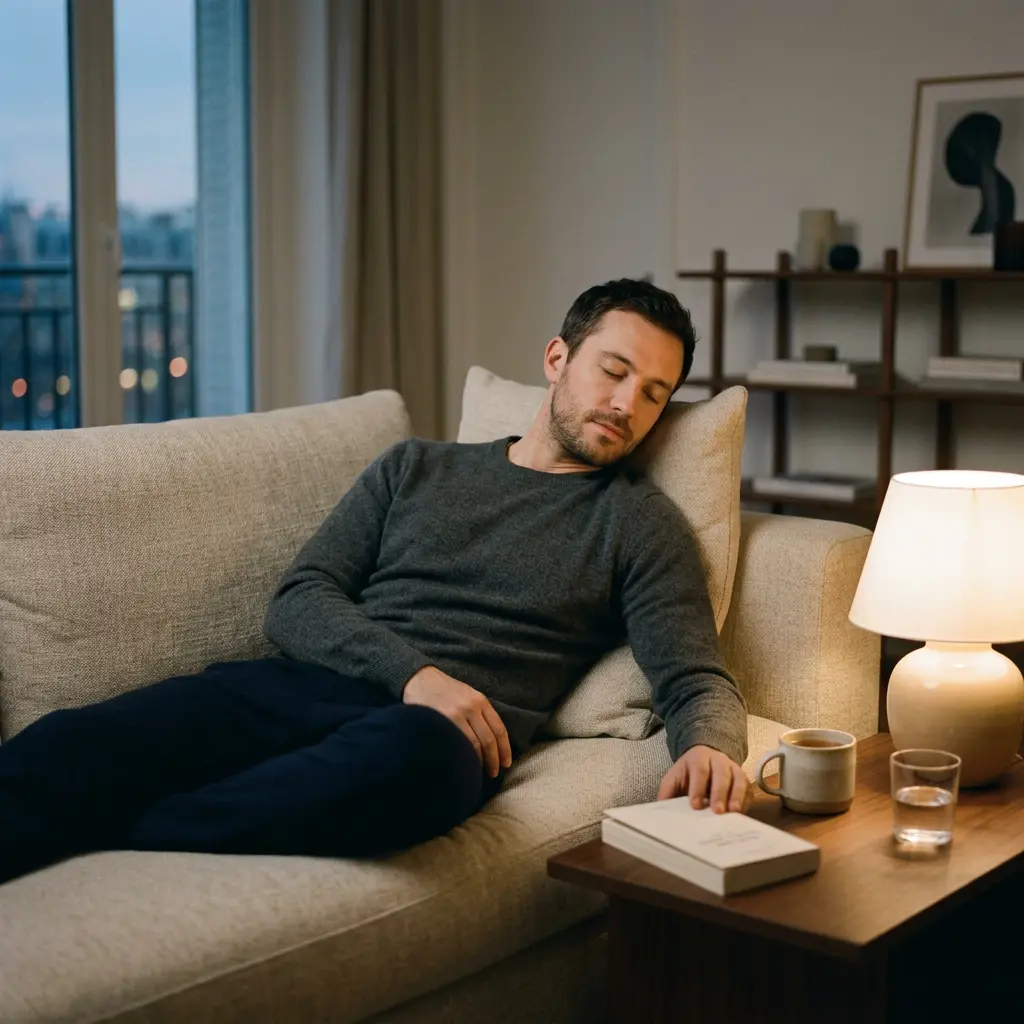 Routine du soir calme dans un intérieur masculin premium