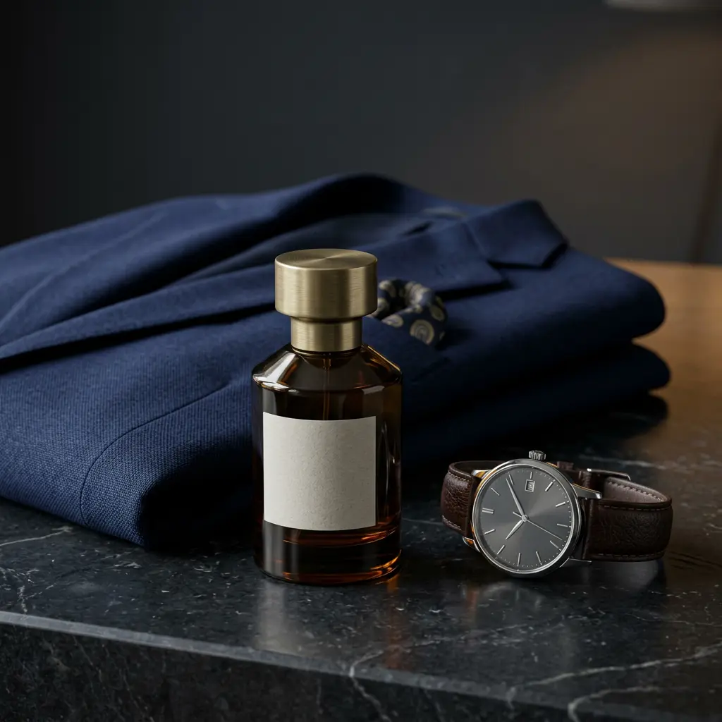 Flacon de parfum niche sur marbre, ambiance masculine premium chic.