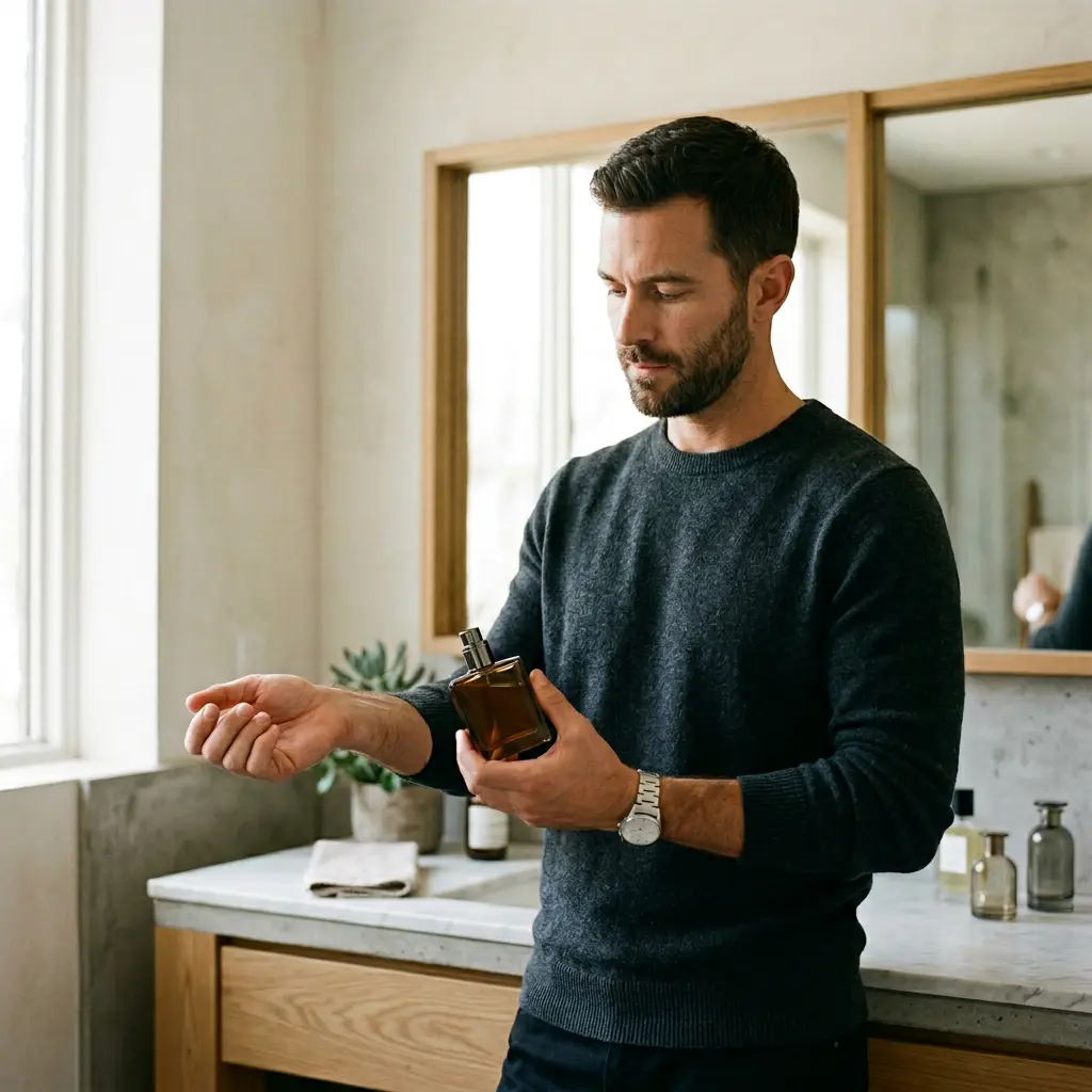 Geste de layering parfum, homme confiant, salon minimaliste et chaleureux.