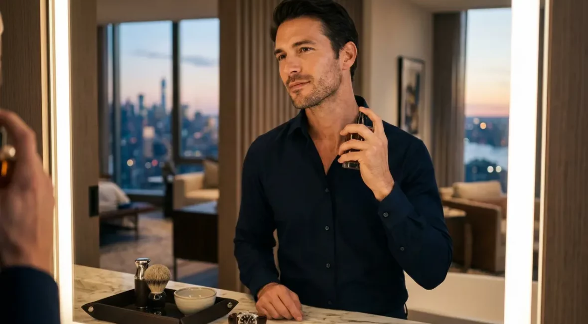 Homme élégant appliquant un parfum dans un intérieur contemporain luxueux.