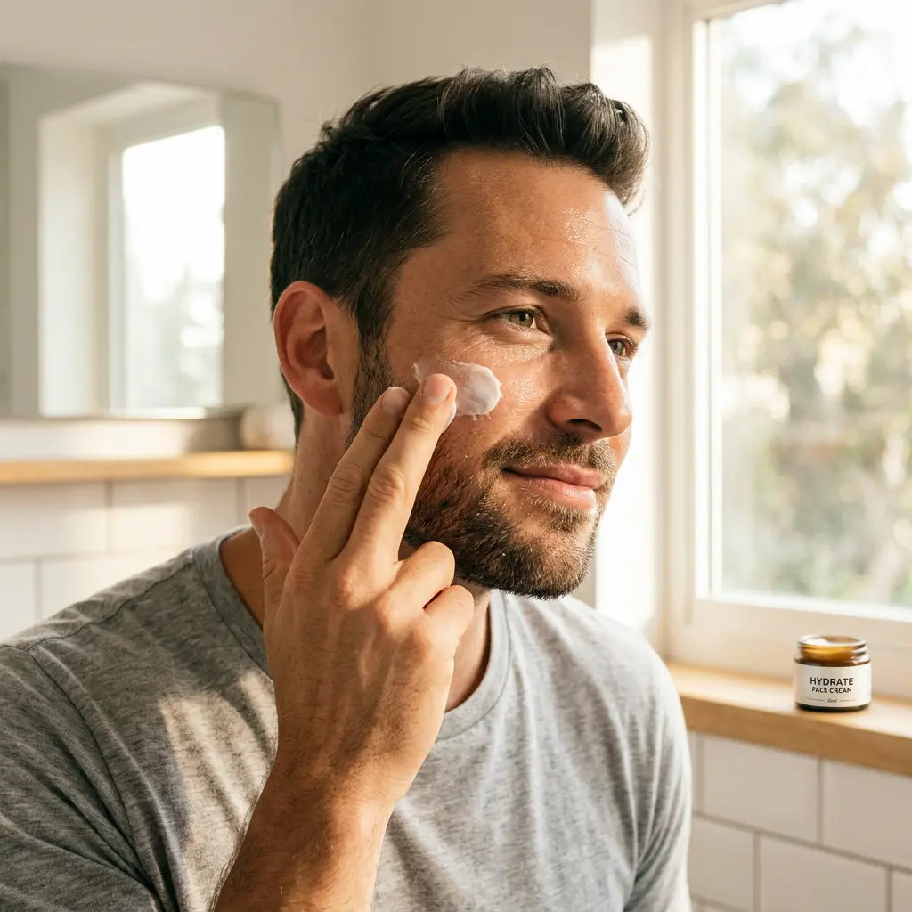 Homme appliquant un soin visage