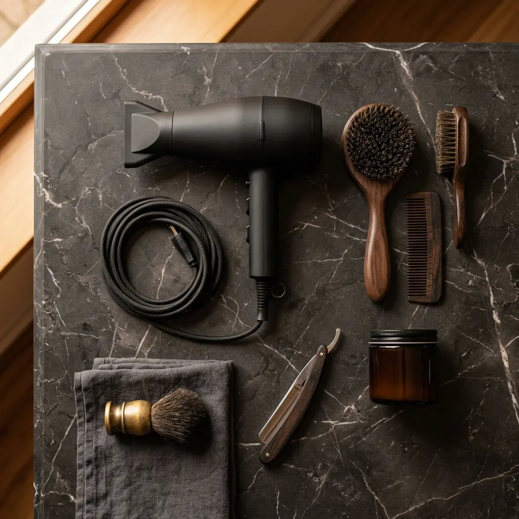 Sèche-cheveux noir mat et accessoires grooming sur marbre sombre
