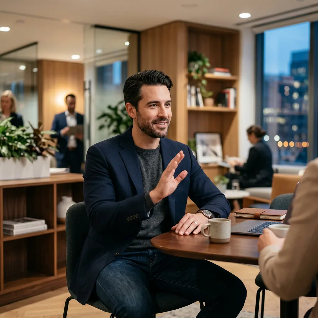 Homme confiant refus calme bureau moderne