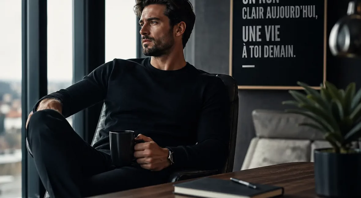 Homme élégant pensif dans un intérieur moderne tenant une tasse