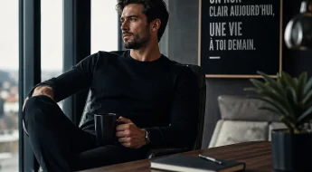 Homme élégant pensif dans un intérieur moderne tenant une tasse