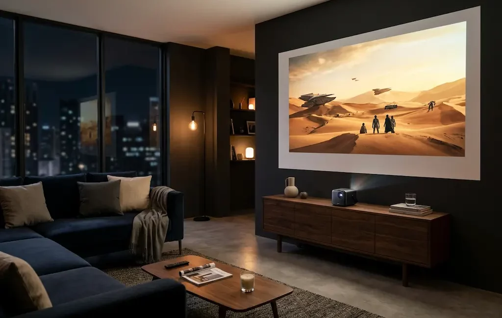 Vidéoprojecteur home cinema posé sur meuble salon moderne