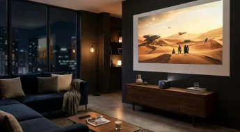Vidéoprojecteur home cinema posé sur meuble salon moderne