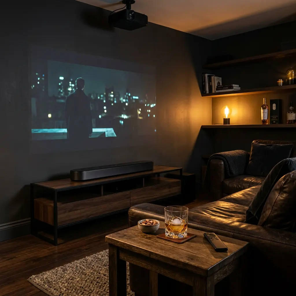 Setup home cinema salon masculin barre de son éclairage tamisé