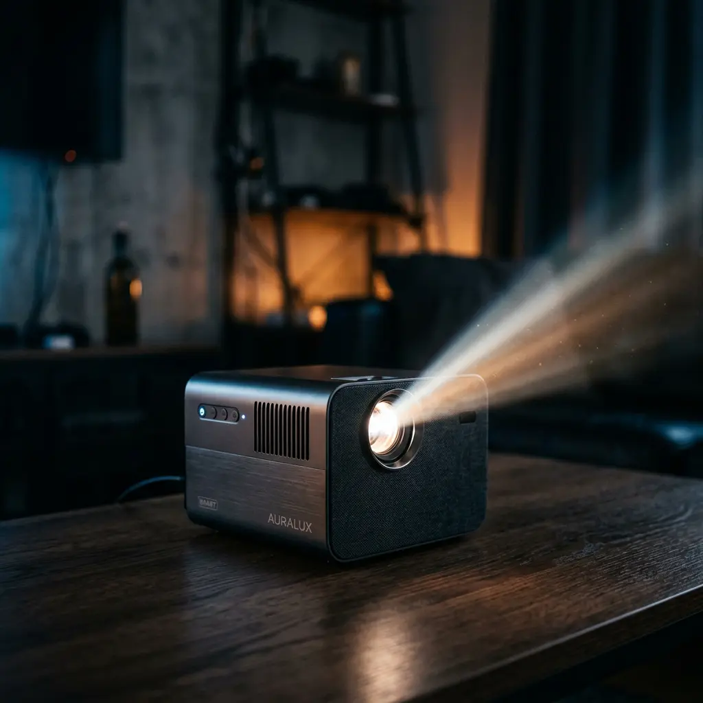 Faisceau lumineux vidéoprojecteur smart ambiance cinéma sombre