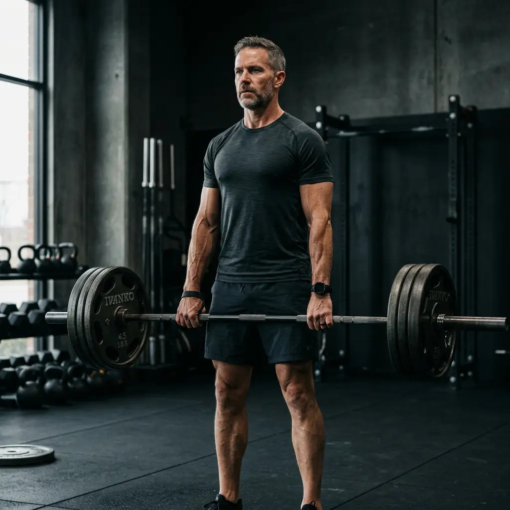 Homme 40 ans musculation, salle de sport moderne, posture déterminée