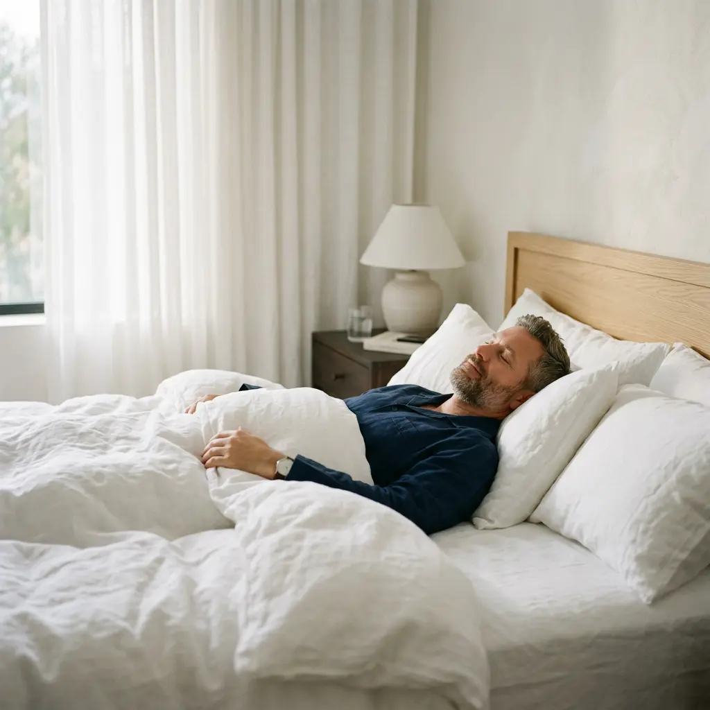 Homme 40 ans sommeil réparateur, chambre minimaliste premium